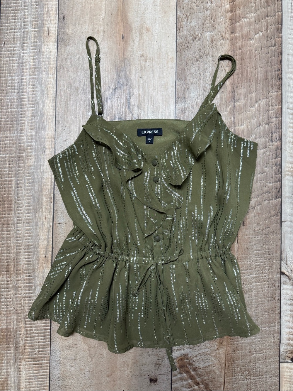 Express Olive Green Metallic Stripe Ruffle Tank